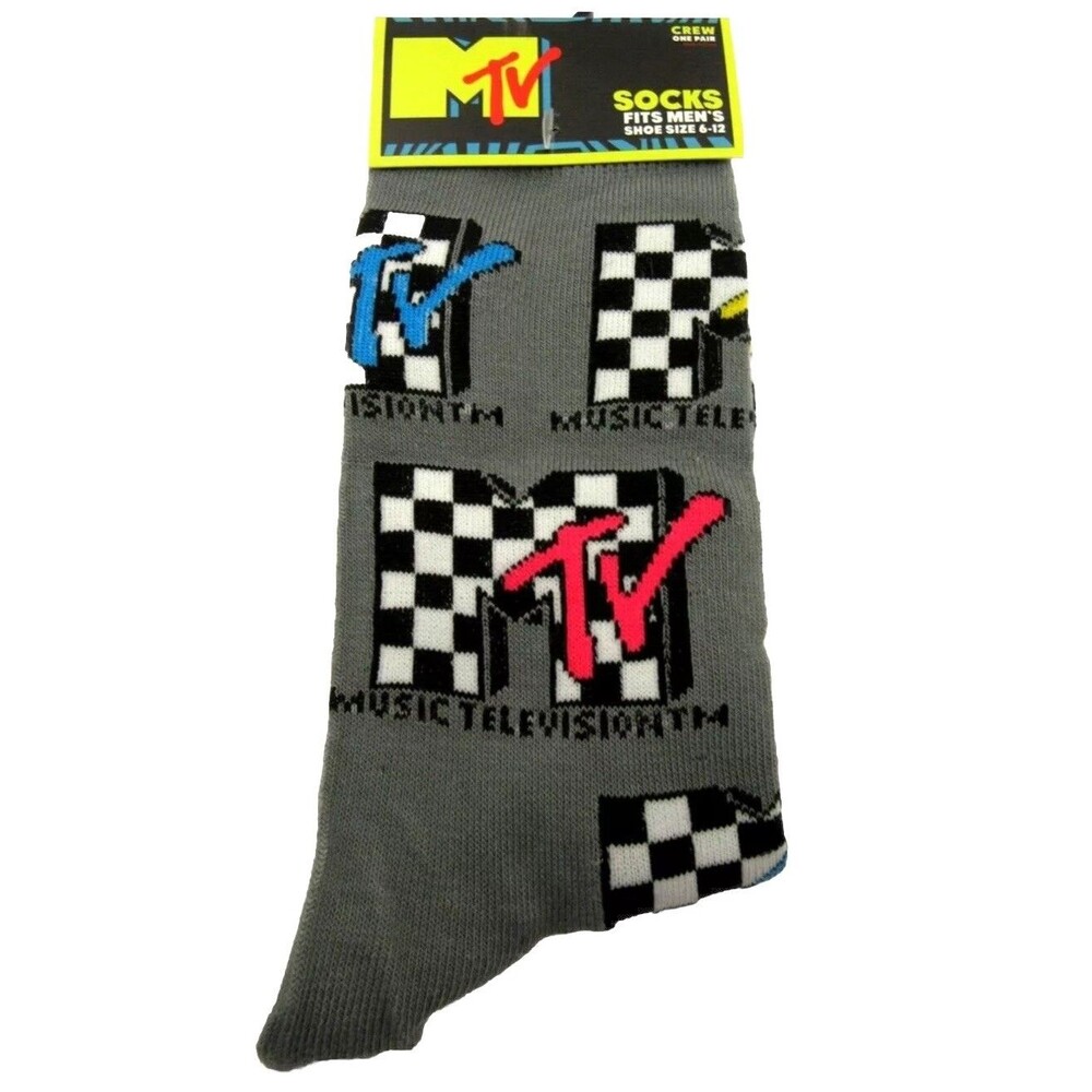 MTV Music Television Novelty Crew Socks Fits Men's Shoe Size 6-12, New With Tags